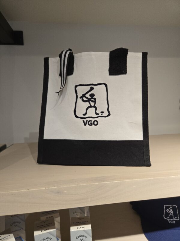VGO branded tote bag displayed on shelf.