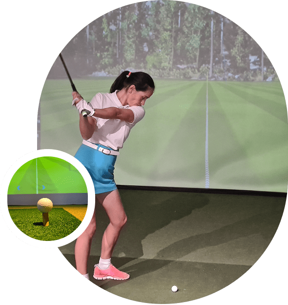 Woman swinging golf club at indoor simulator