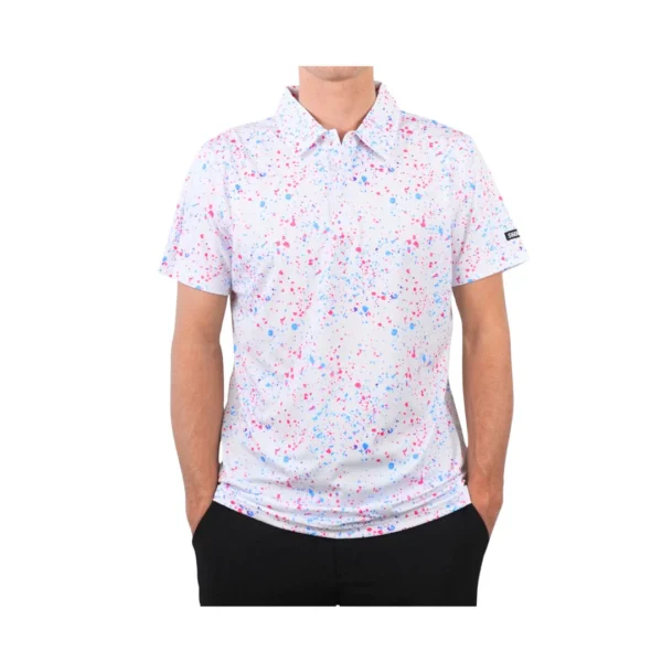 Man wearing white paint-splatter polo shirt