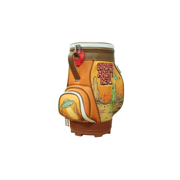 Orange golf bag with "Birdies Aren't Real" design