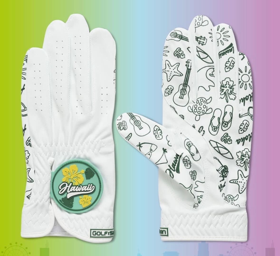 White golf gloves with Hawaii tropical print
